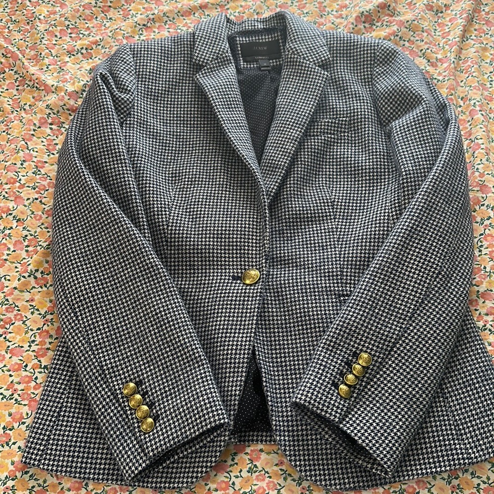 J Crew Campbell Wool Houndstooth Navy Blue White Blazer Size 12